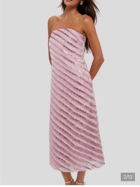 Soft Pink Shimmer Stripes Mila Strapless Midi Dress Soft Pink Shimmer Stripes